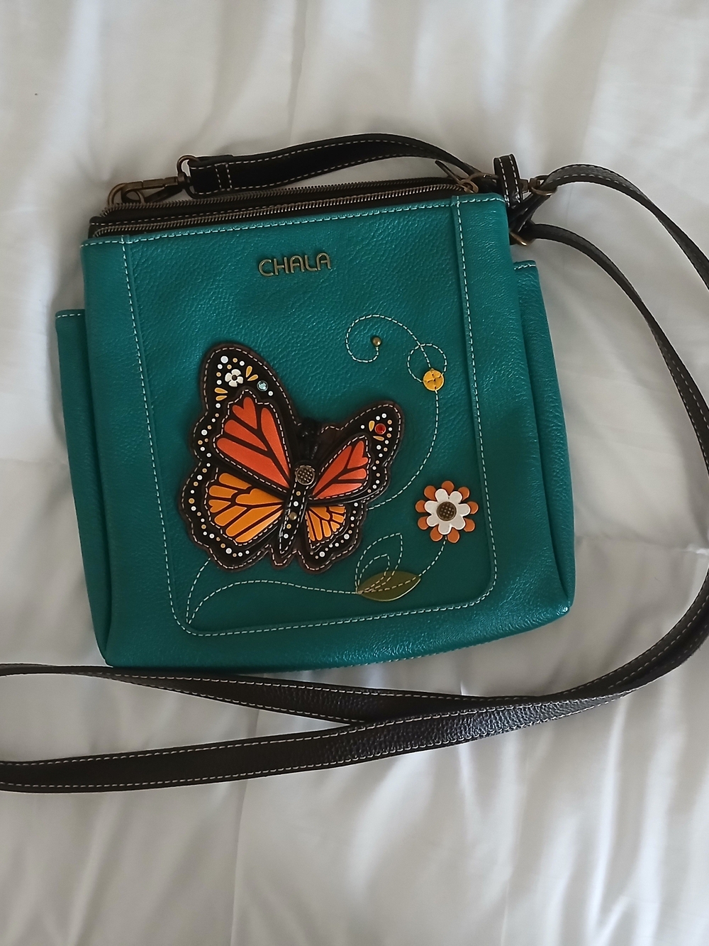 Chala Teal Crossbody with Orange Butterfly Applique
